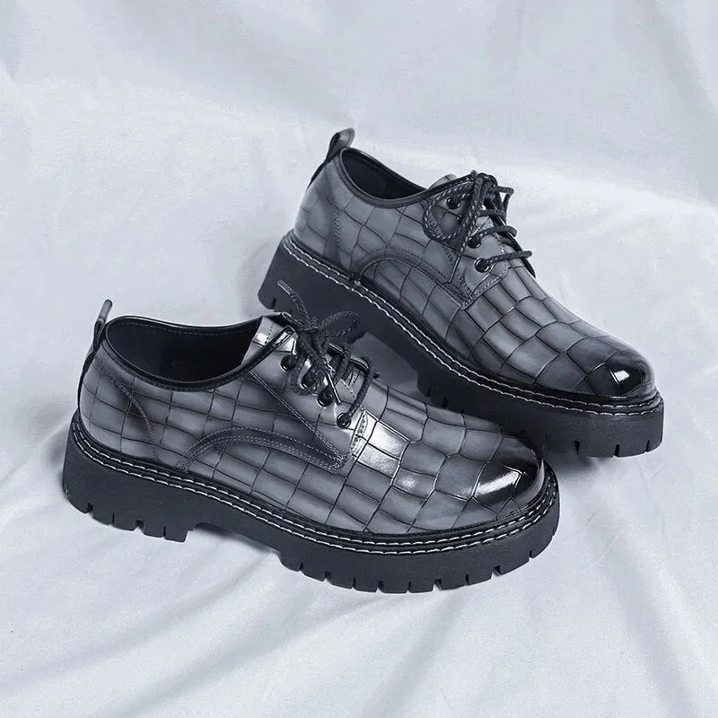 Casual Oxford Shoes Black Leather Square Croco Pattern