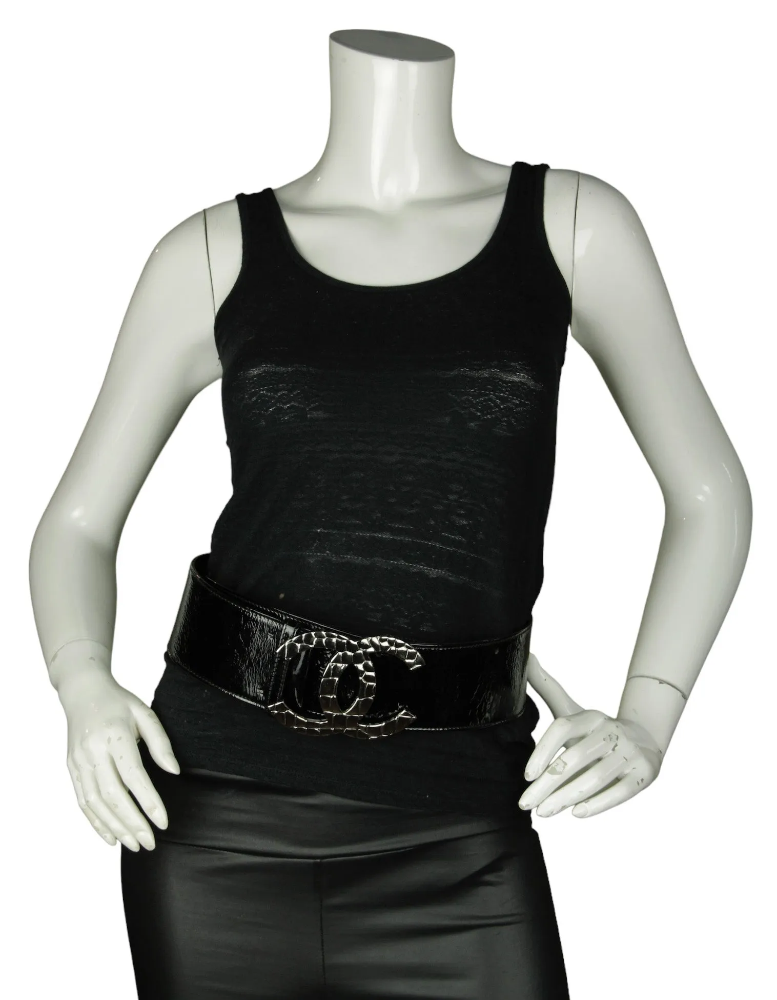 Chanel Black Patent Leather Quilted CC Logo Wide Belt sz 80/32"