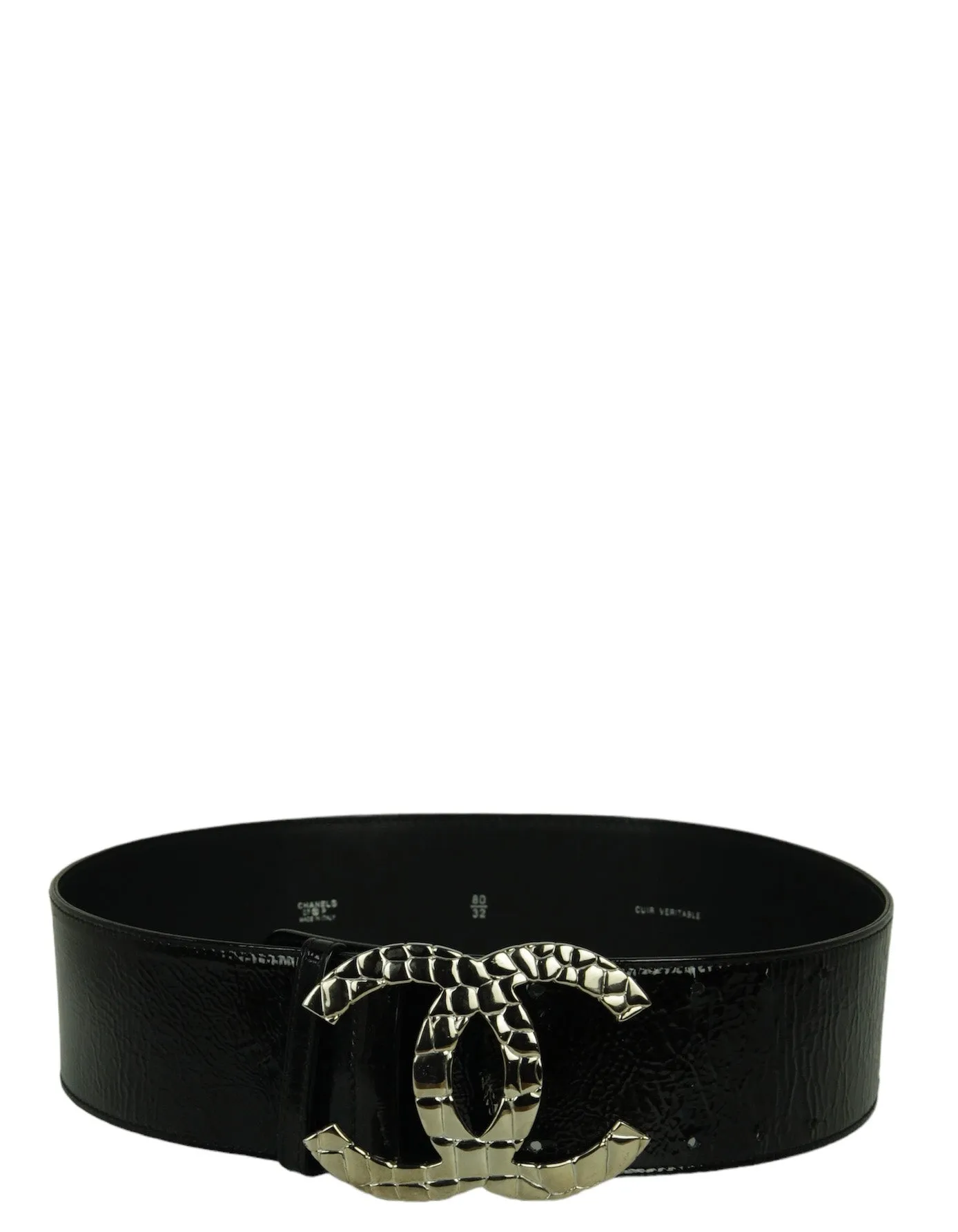 Chanel Black Patent Leather Quilted CC Logo Wide Belt sz 80/32"