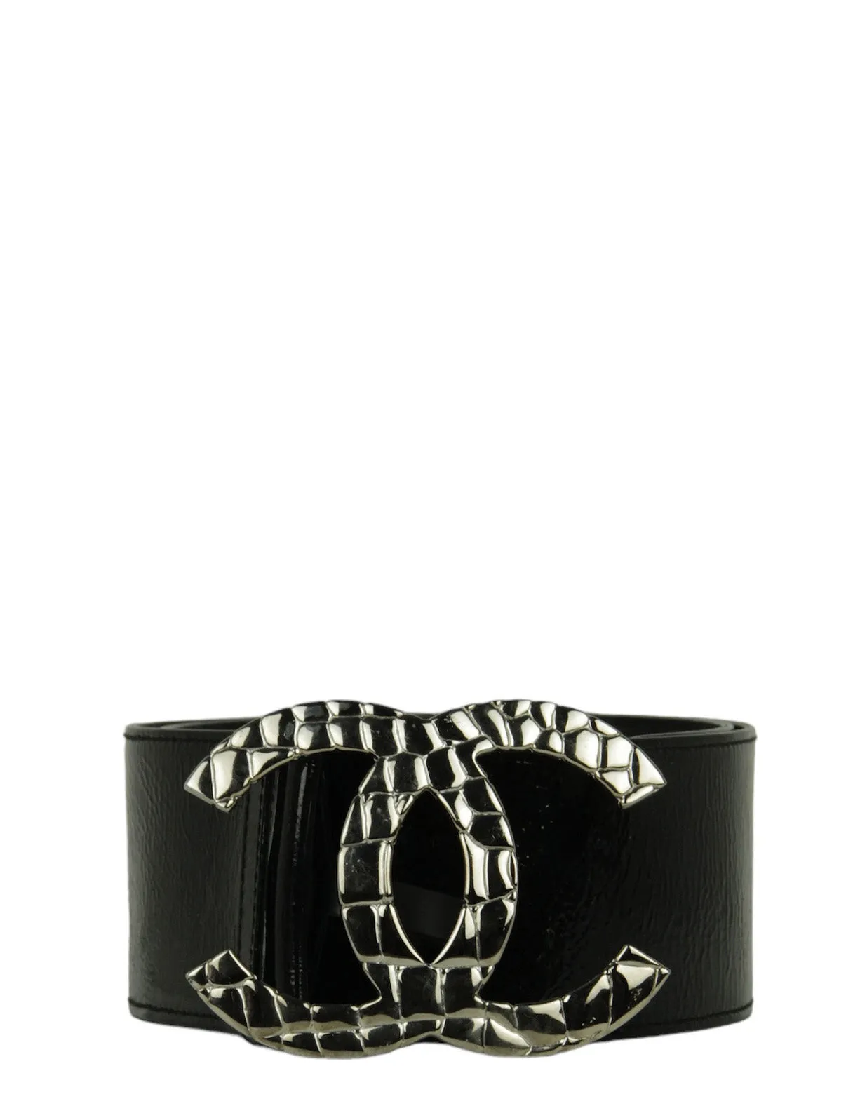 Chanel Black Patent Leather Quilted CC Logo Wide Belt sz 80/32"