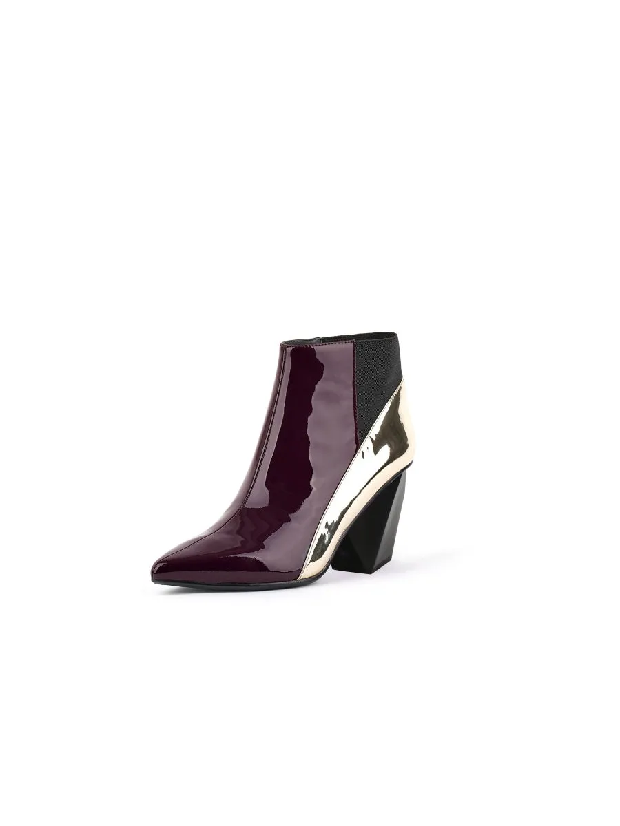 Claret Structural-Heel Contrast Patent Leather Ankle Boot