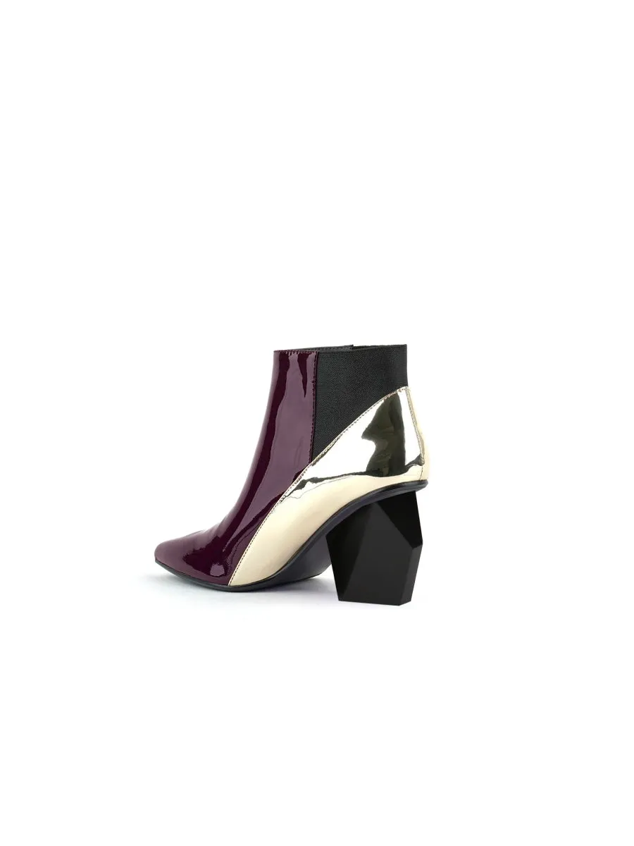 Claret Structural-Heel Contrast Patent Leather Ankle Boot