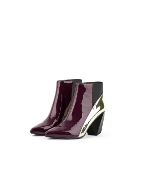 Claret Structural-Heel Contrast Patent Leather Ankle Boot