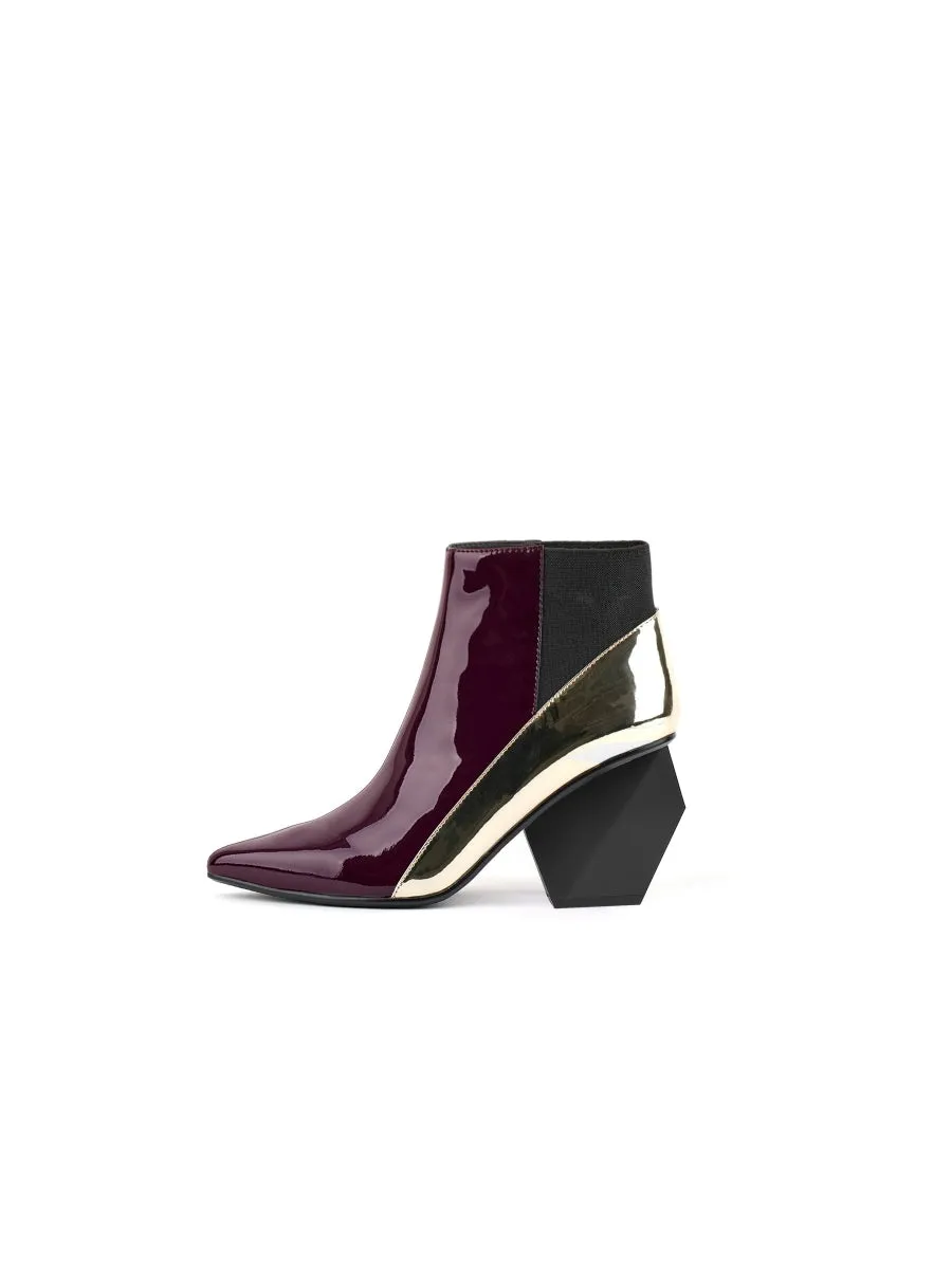 Claret Structural-Heel Contrast Patent Leather Ankle Boot