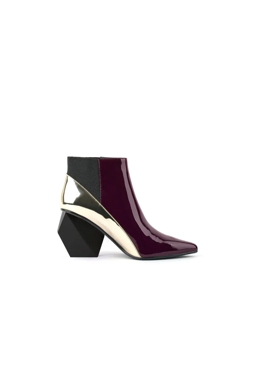 Claret Structural-Heel Contrast Patent Leather Ankle Boot