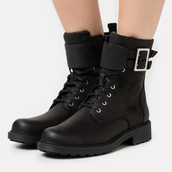 Clarks Women's Orinoco 2 Lace Black Leather boots size 11 buckle lug lined