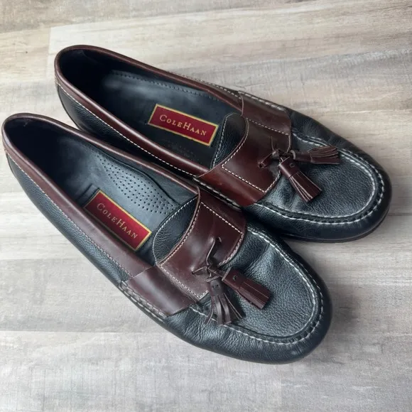 Cole Haan Men's 10 Black Leather Pinch Loafer Toe Tassel Dress Shoes