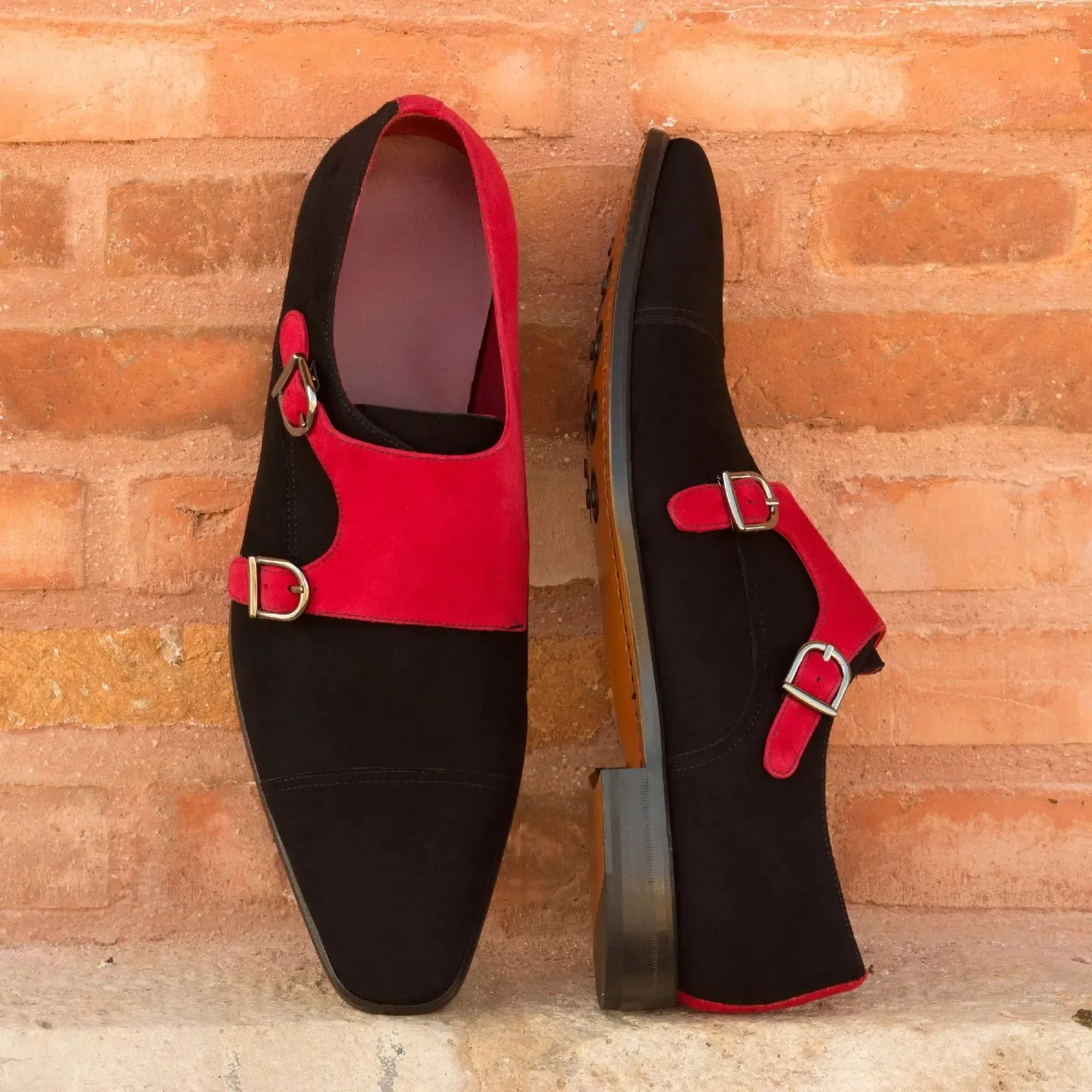 DapperFam Monaco in Black / Red Men's Italian Suede Double Monk