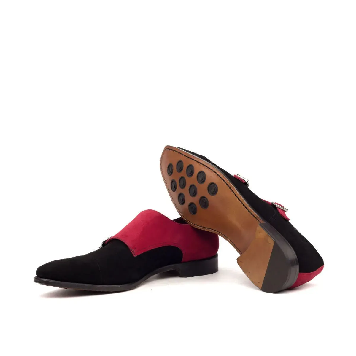 DapperFam Monaco in Black / Red Men's Italian Suede Double Monk