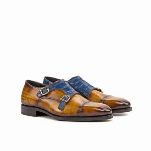 DapperFam Monaco in Cognac / Navy Men's Hand-Painted & Embossed Leather Double Monk