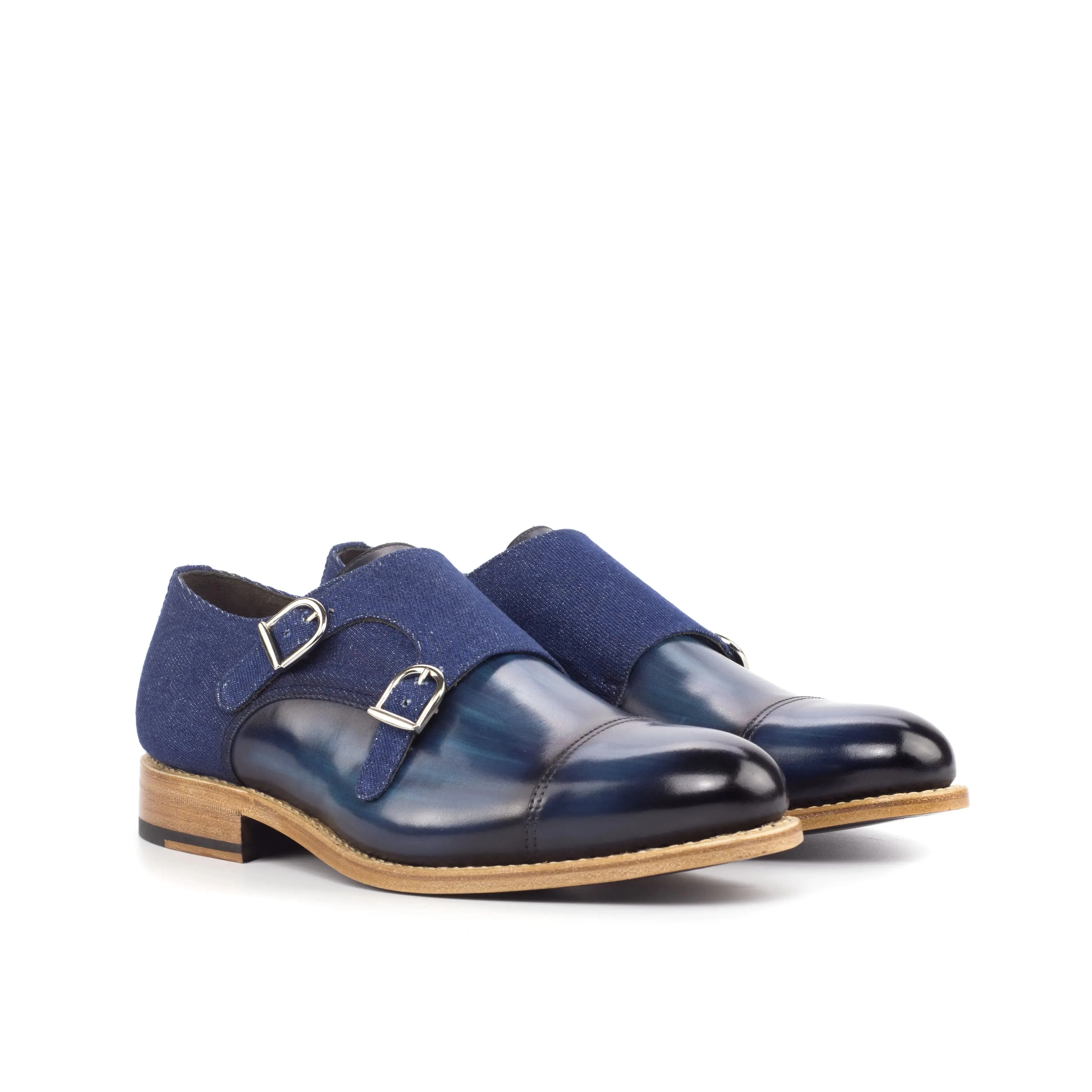 DapperFam Monaco in Jeans / Denim Men's Sartorial & Hand-Painted Patina Double Monk