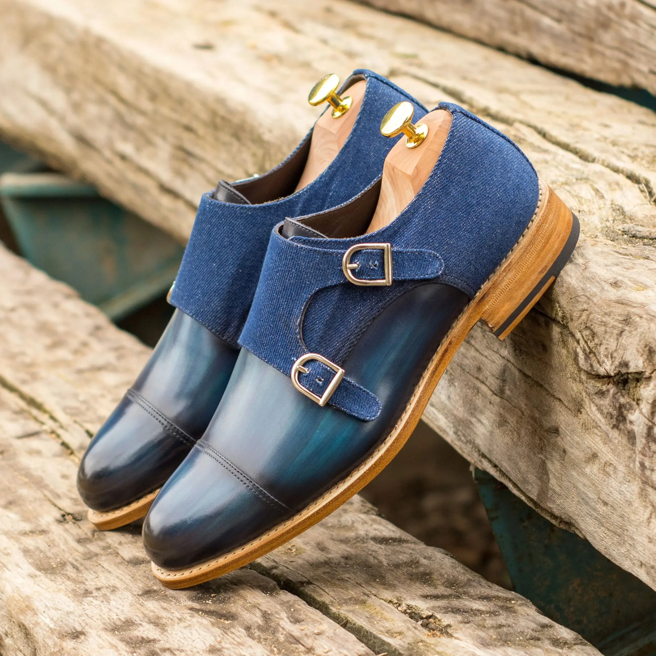 DapperFam Monaco in Jeans / Denim Men's Sartorial & Hand-Painted Patina Double Monk