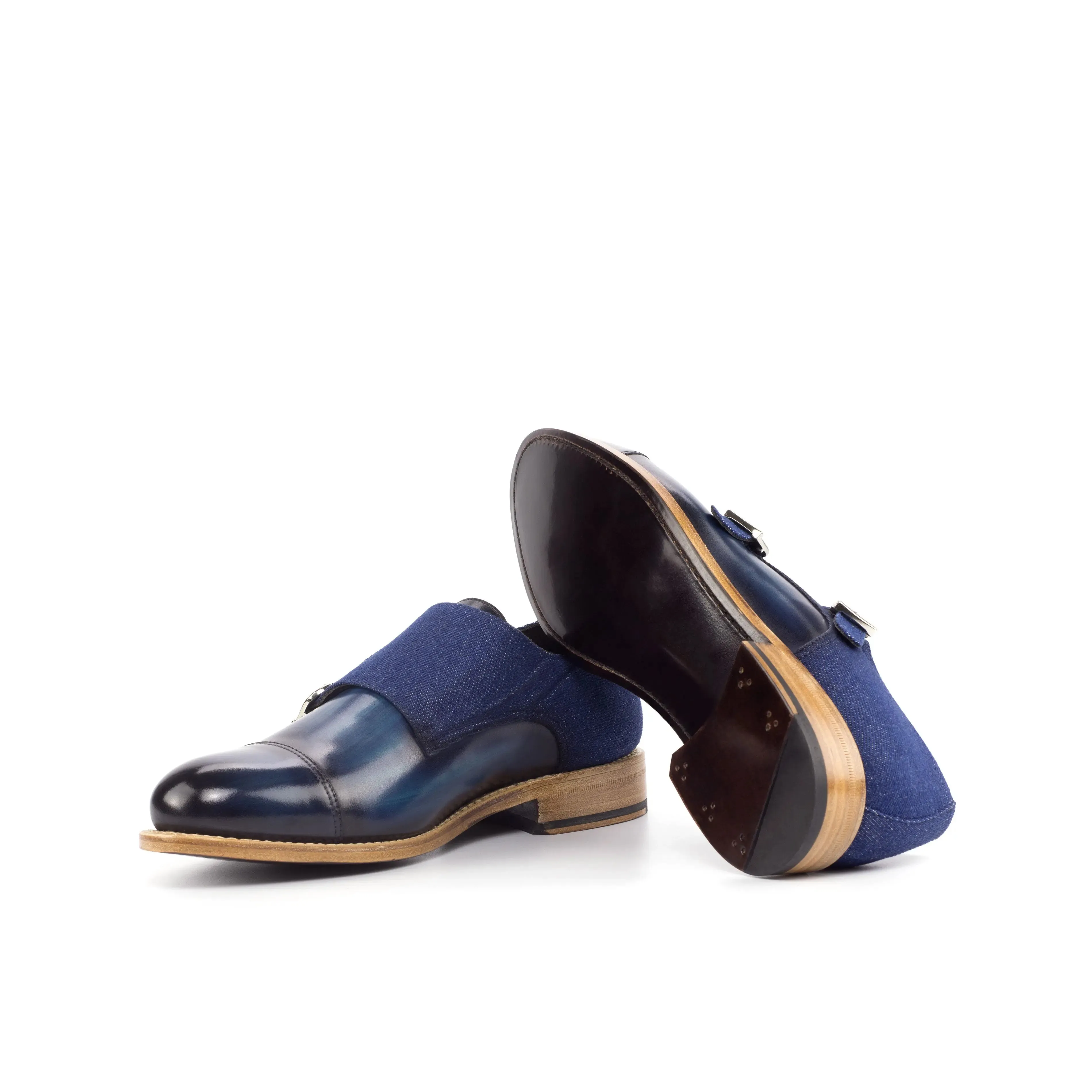 DapperFam Monaco in Jeans / Denim Men's Sartorial & Hand-Painted Patina Double Monk