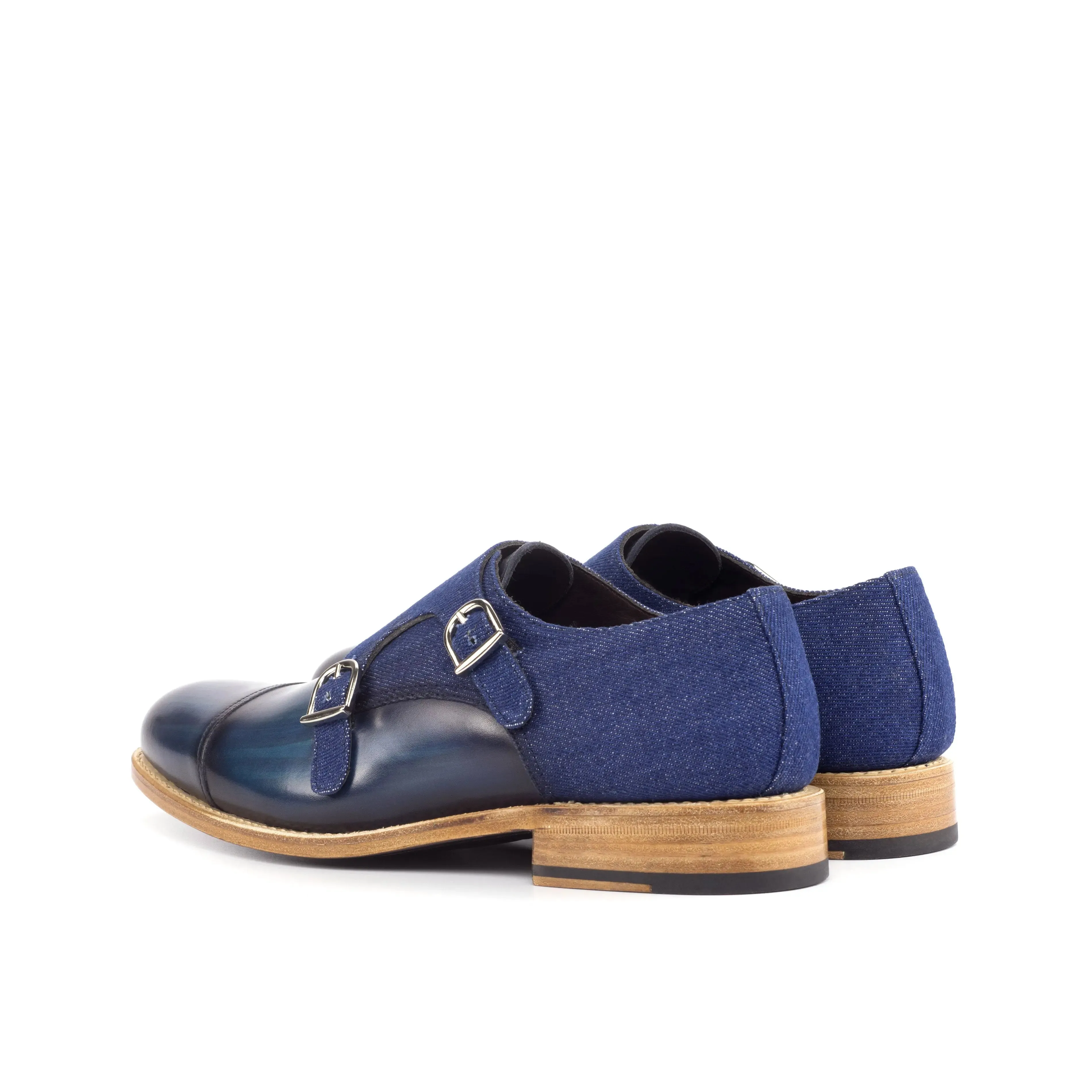 DapperFam Monaco in Jeans / Denim Men's Sartorial & Hand-Painted Patina Double Monk