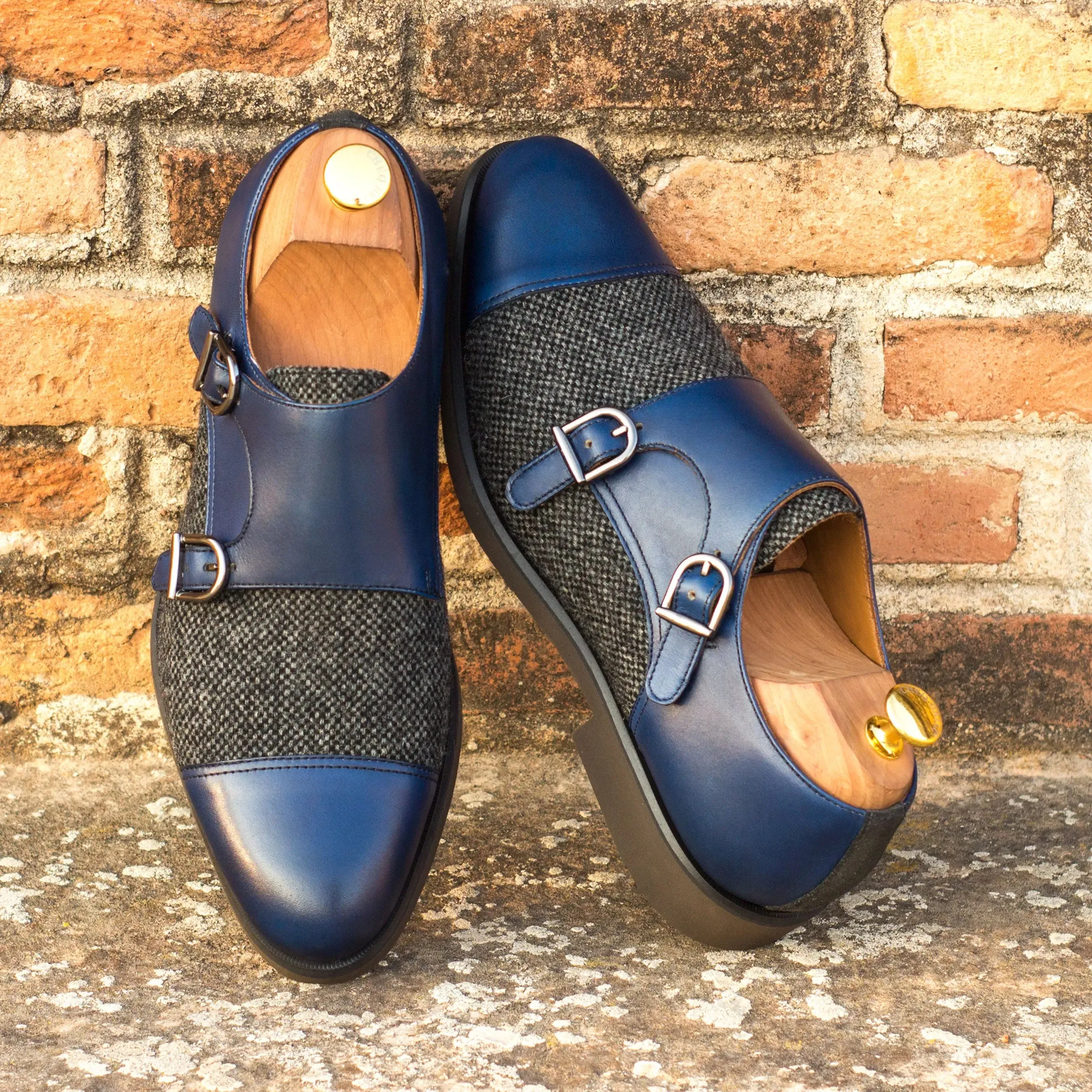 DapperFam Monaco in Navy / Nailhead / Grey Men's Sartorial & Lux Suede & Italian Leather Double Monk