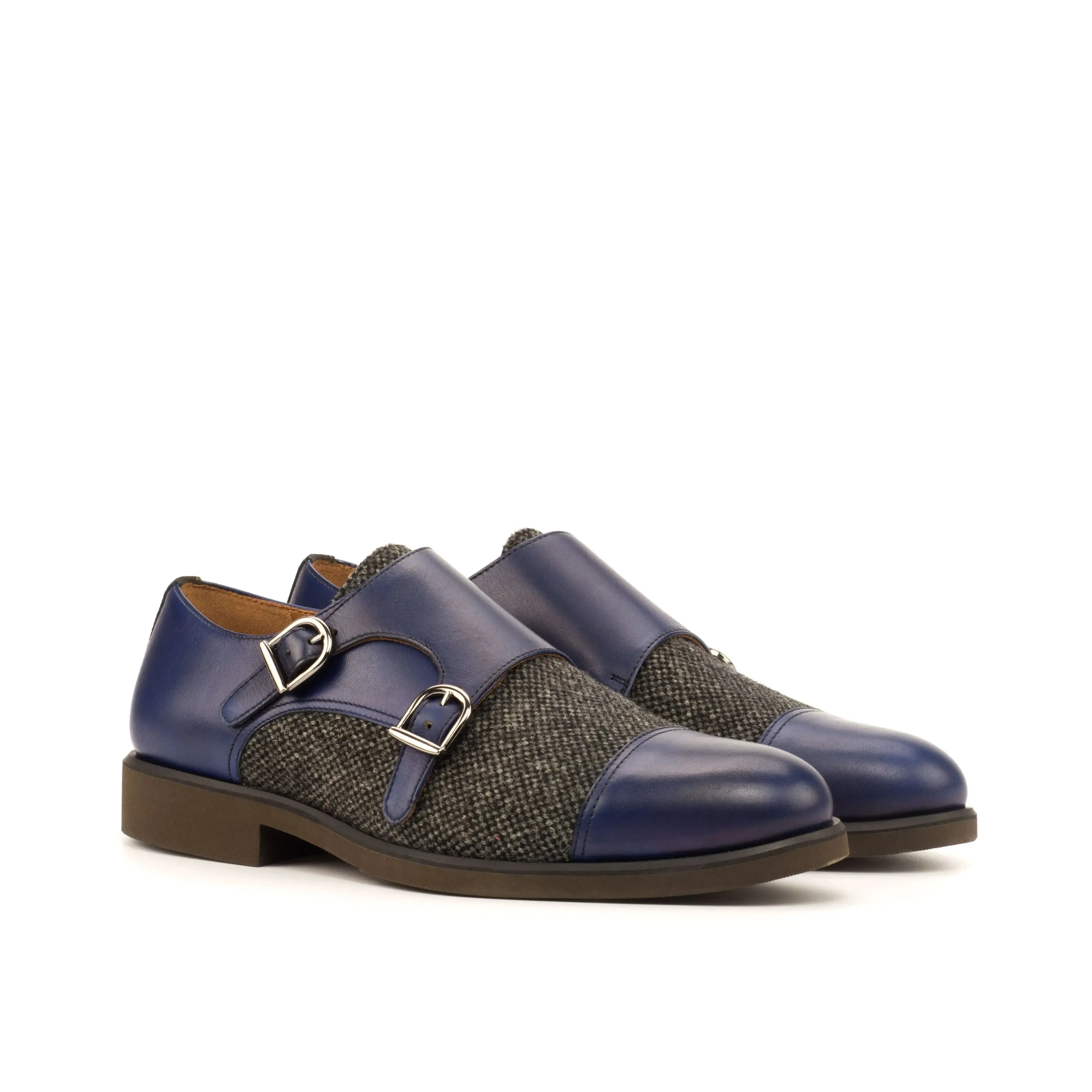 DapperFam Monaco in Navy / Nailhead / Grey Men's Sartorial & Lux Suede & Italian Leather Double Monk