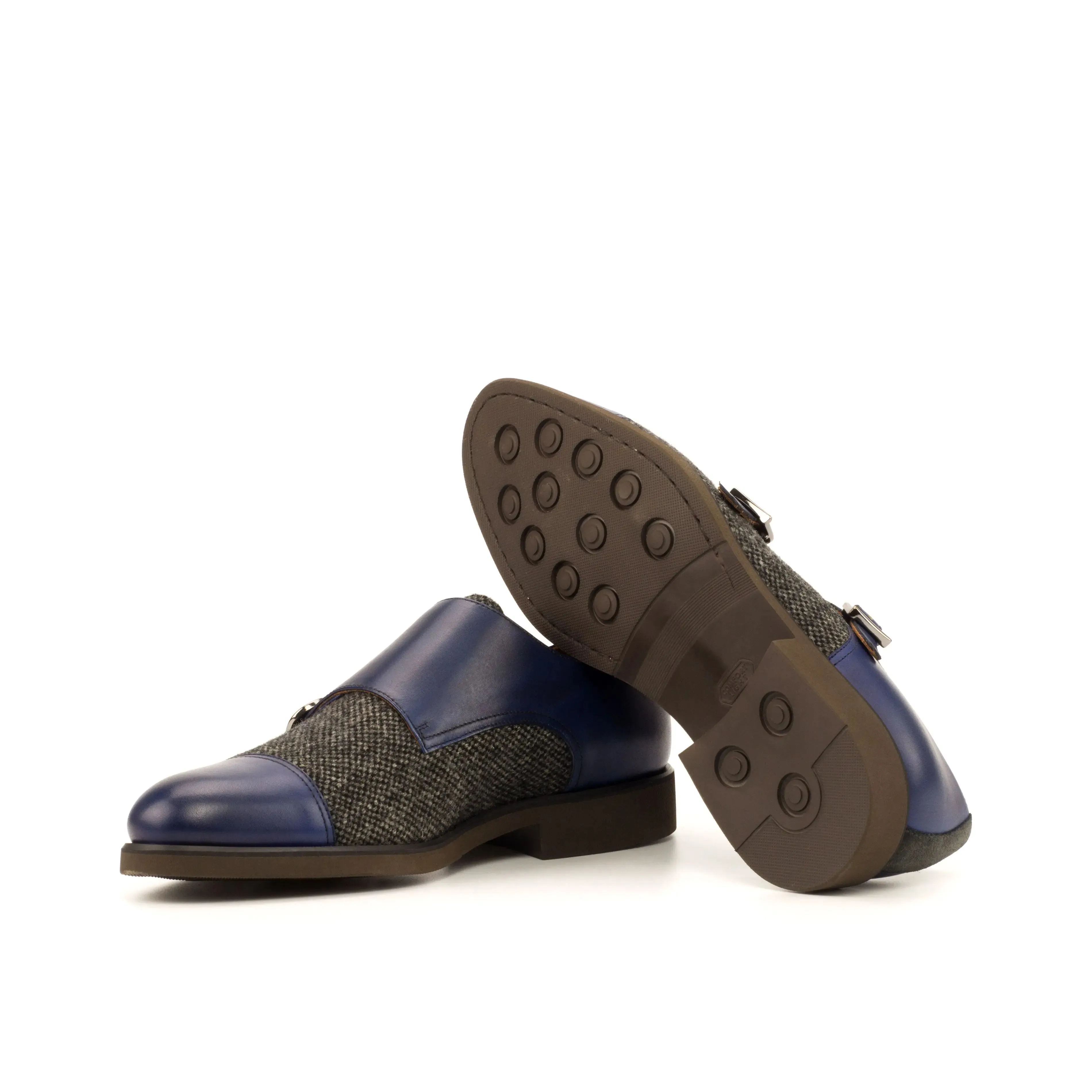 DapperFam Monaco in Navy / Nailhead / Grey Men's Sartorial & Lux Suede & Italian Leather Double Monk