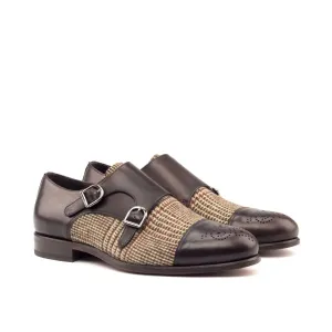 DapperFam Monaco in Tweed / Dark Brown Men's Sartorial & Italian Leather Double Monk
