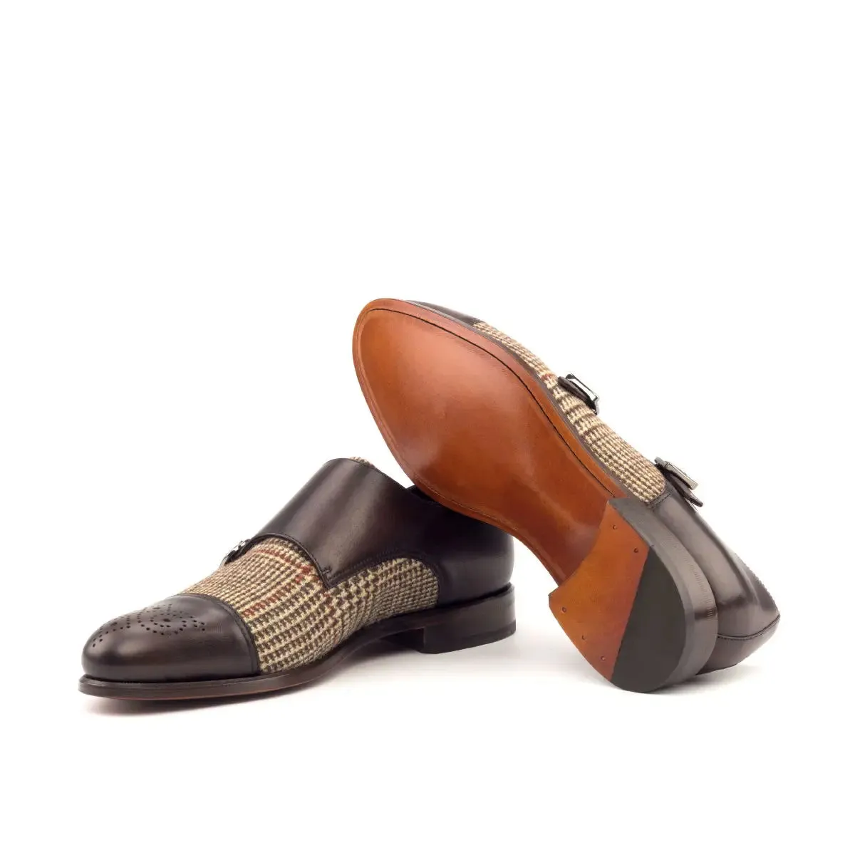DapperFam Monaco in Tweed / Dark Brown Men's Sartorial & Italian Leather Double Monk