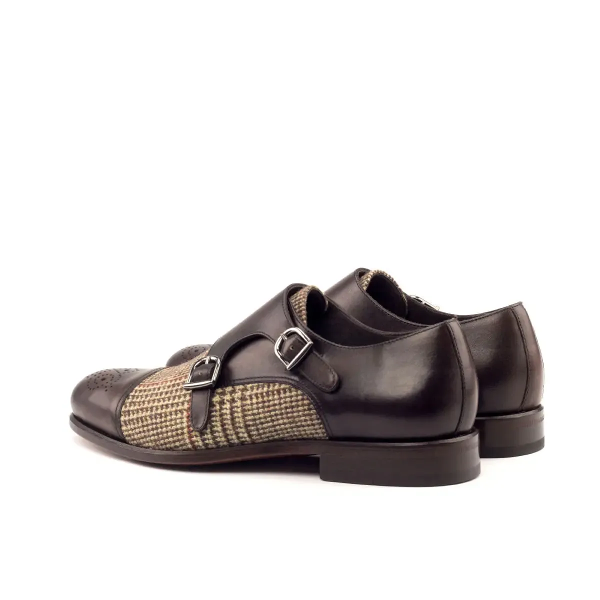 DapperFam Monaco in Tweed / Dark Brown Men's Sartorial & Italian Leather Double Monk