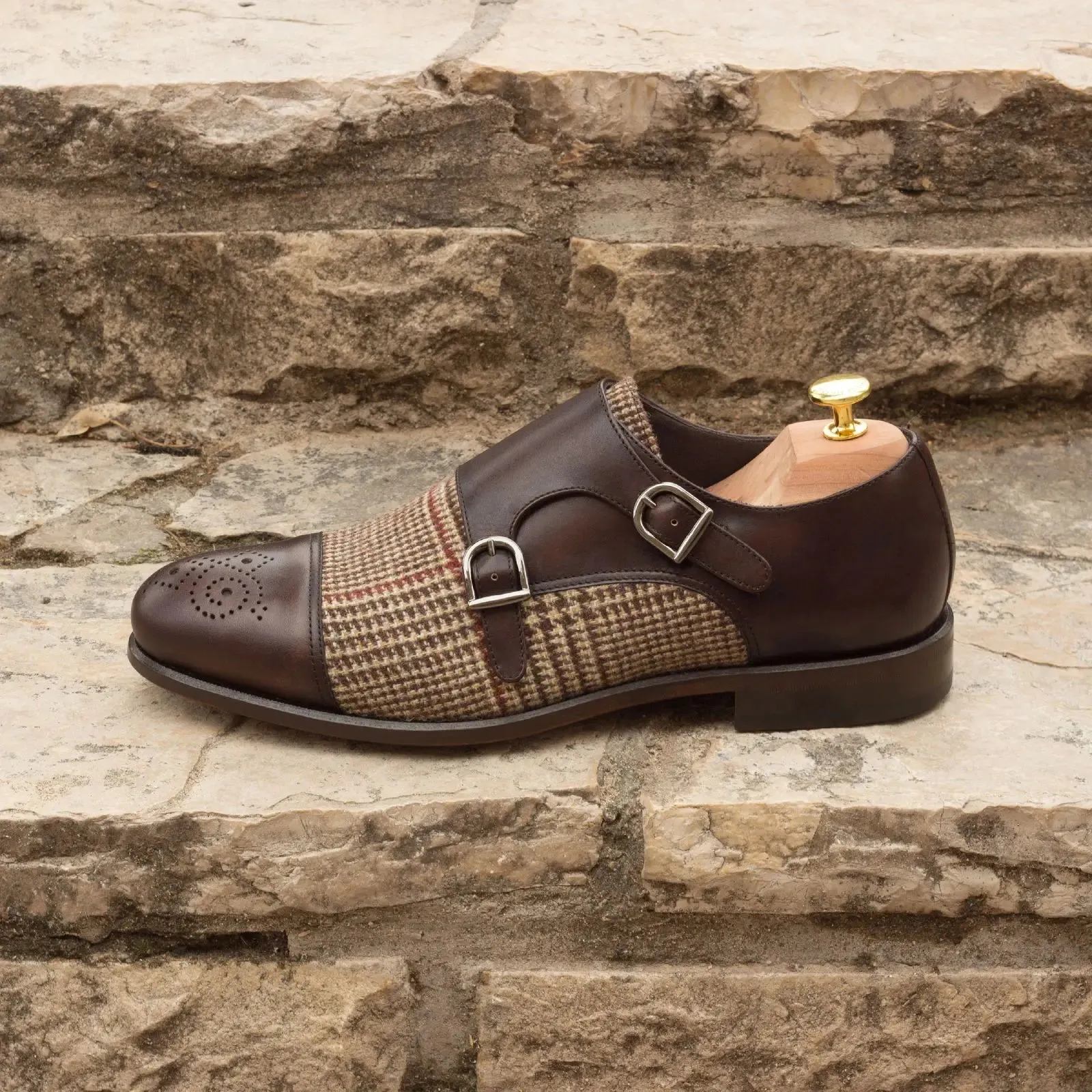 DapperFam Monaco in Tweed / Dark Brown Men's Sartorial & Italian Leather Double Monk