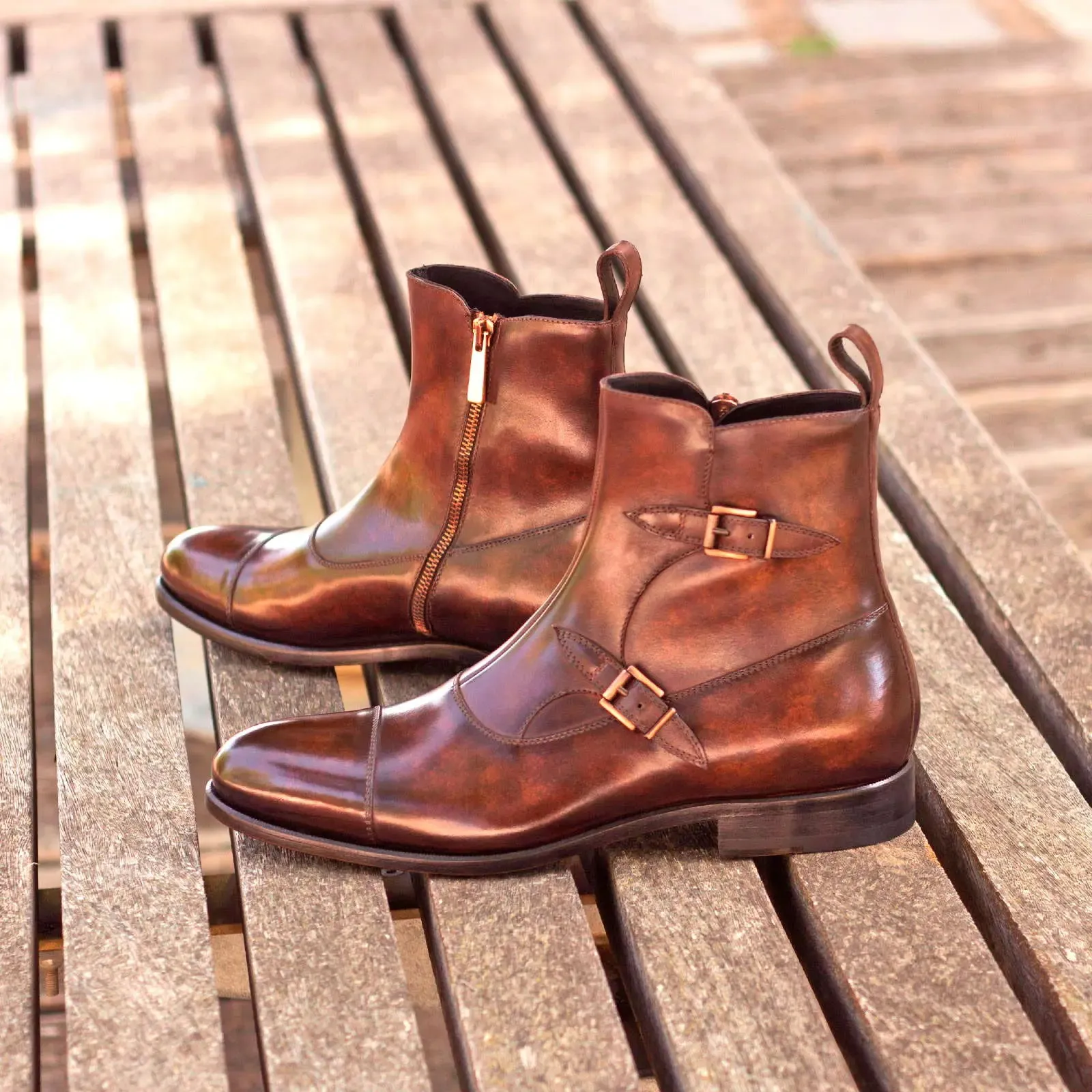 DapperFam Octavian in Brown Men's Hand-Painted Patina Buckle Boot
