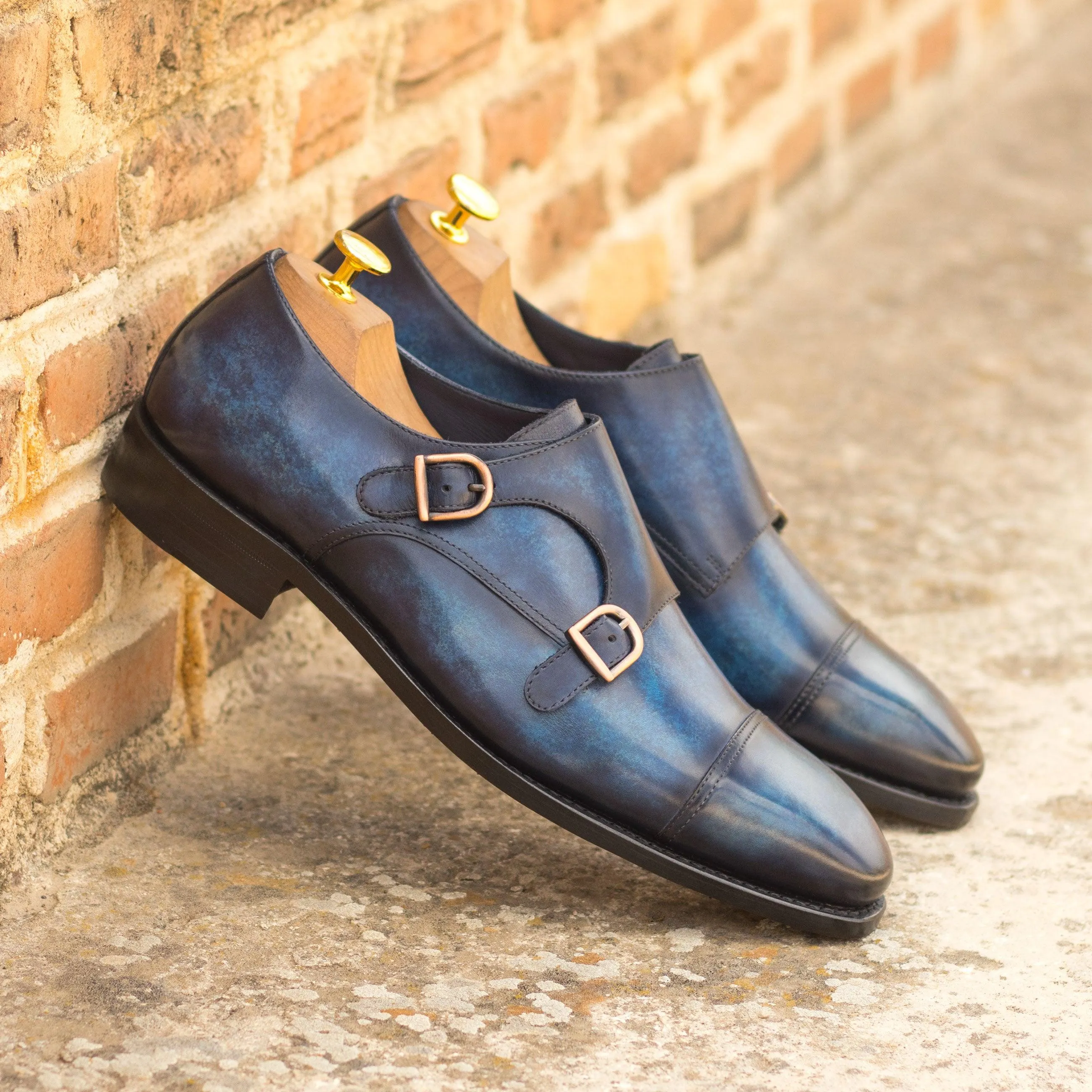 Dark Blue Patina Leather Double Monk Shoes