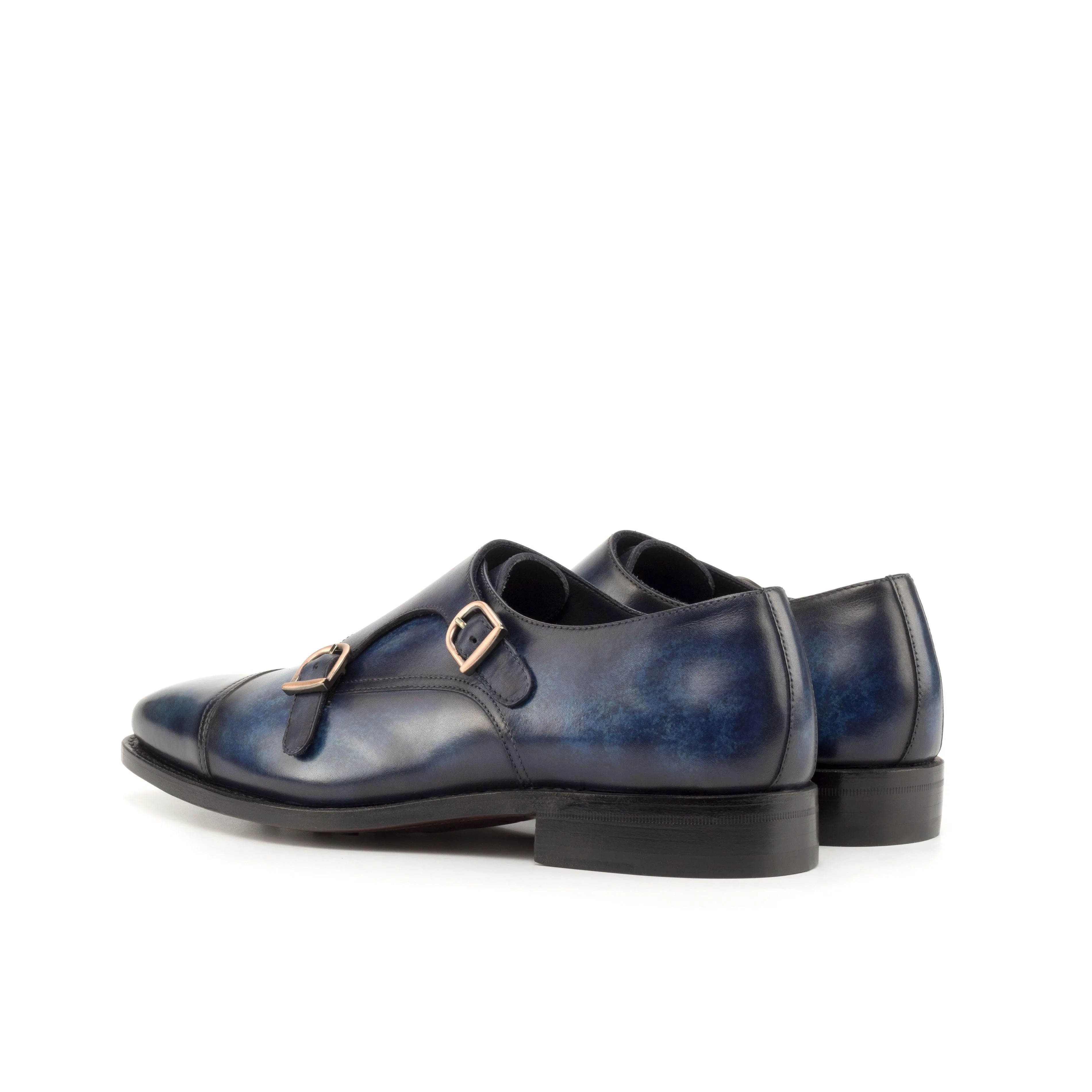 Dark Blue Patina Leather Double Monk Shoes