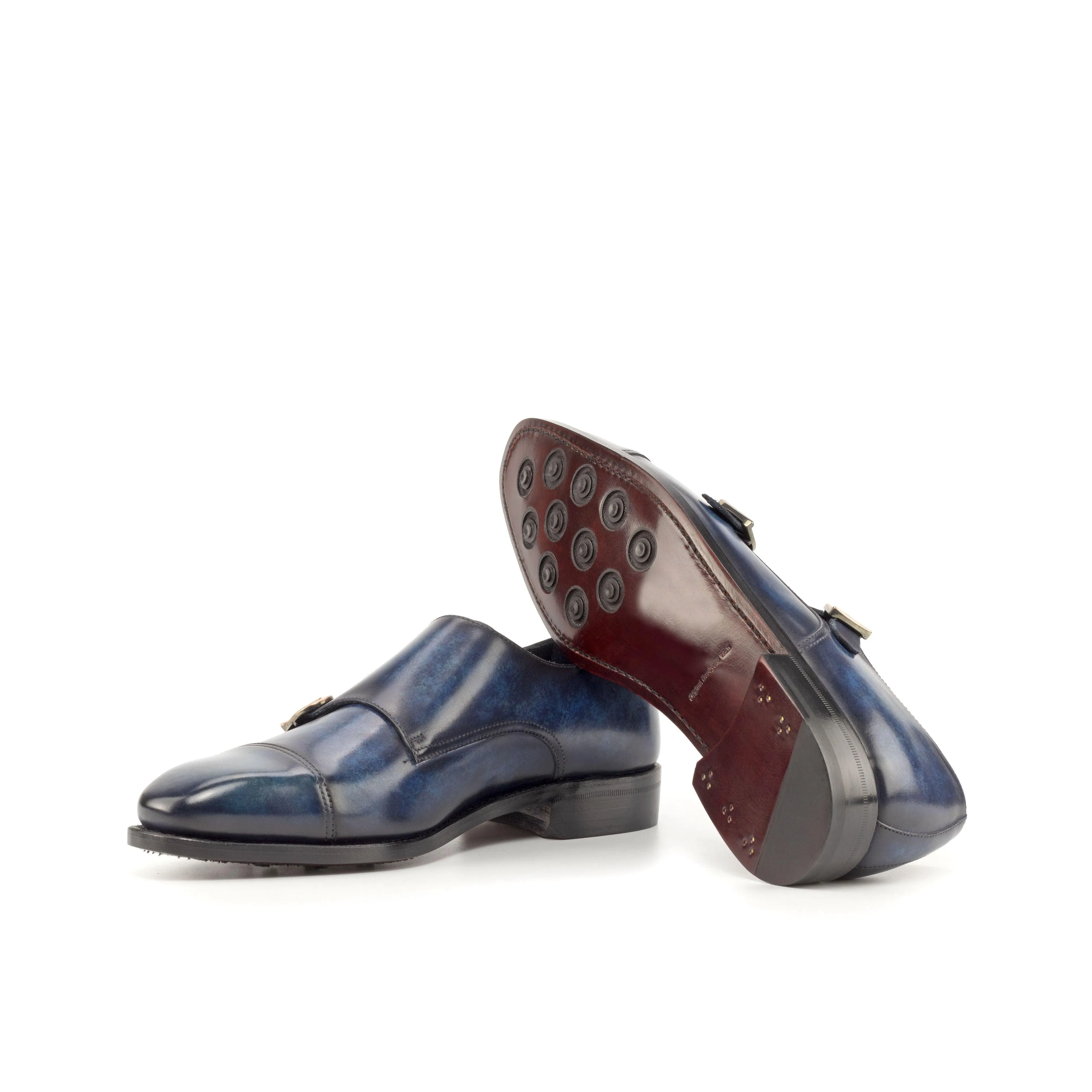 Dark Blue Patina Leather Double Monk Shoes
