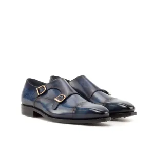 Dark Blue Patina Leather Double Monk Shoes