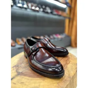 Dark Tan Mirror Glossed Single Monk Straps With Braided Detail