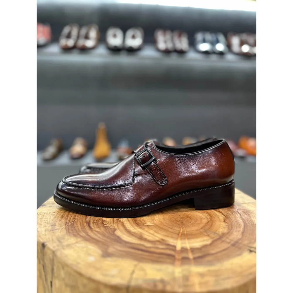 Dark Tan Mirror Glossed Single Monk Straps With Braided Detail