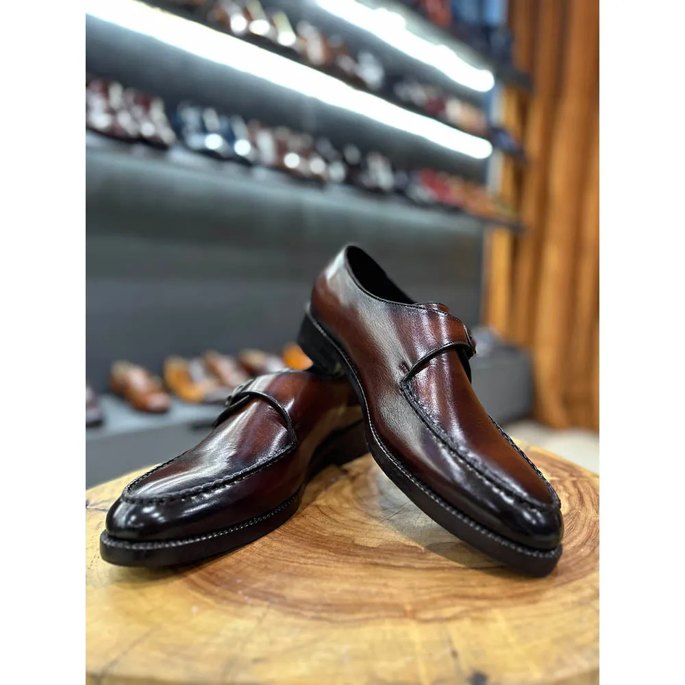 Dark Tan Mirror Glossed Single Monk Straps With Braided Detail