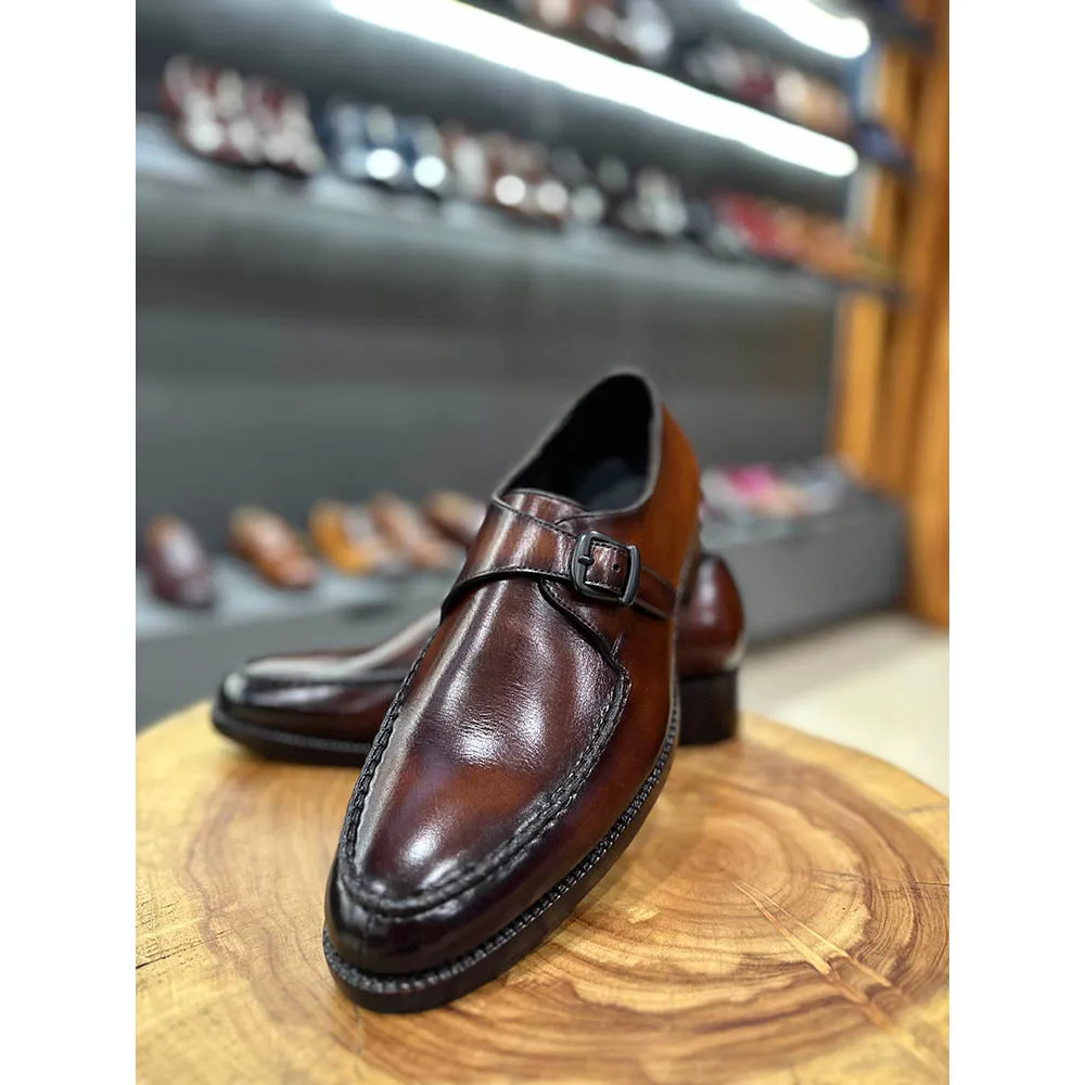 Dark Tan Mirror Glossed Single Monk Straps With Braided Detail
