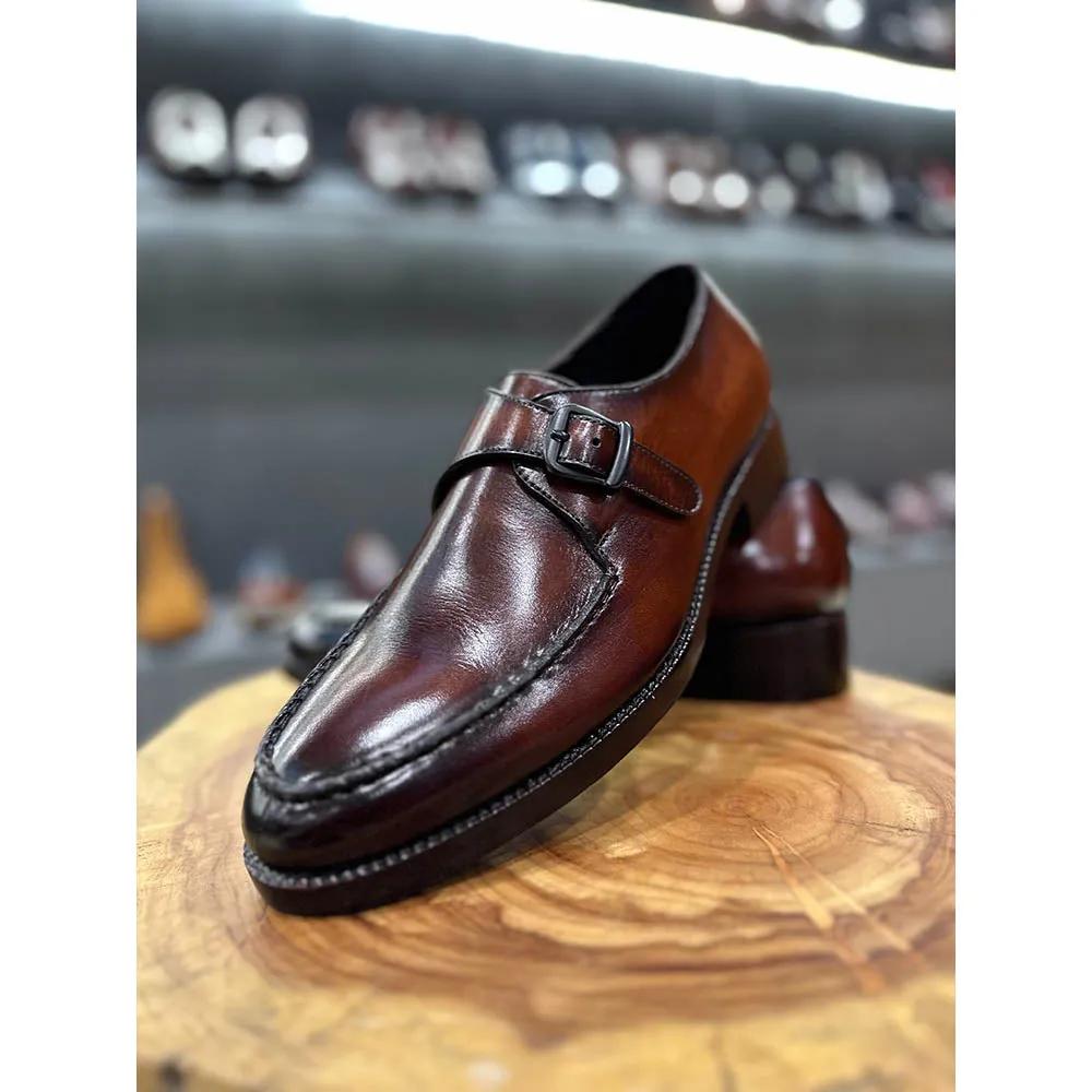 Dark Tan Mirror Glossed Single Monk Straps With Braided Detail