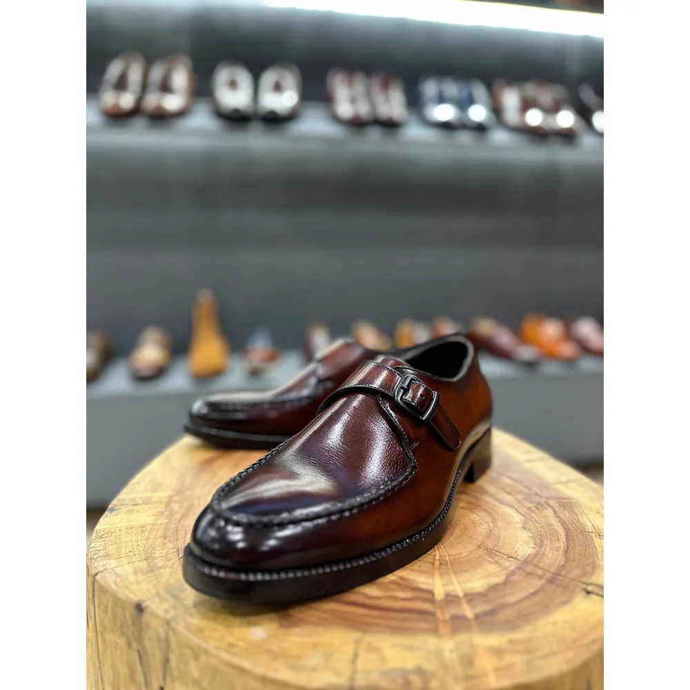 Dark Tan Mirror Glossed Single Monk Straps With Braided Detail