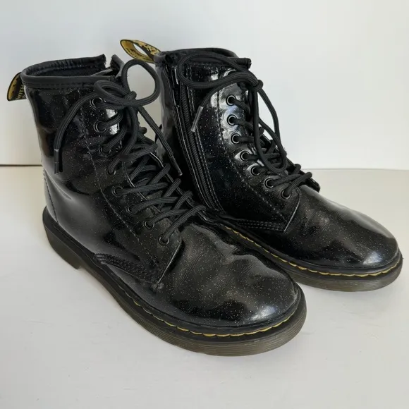 Dr. Martens Girls 1460 Glitter Patent Leather Boots Black Lace Up Zipper Size 3