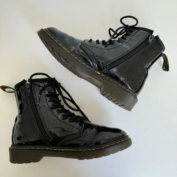 Dr. Martens Girls 1460 Glitter Patent Leather Boots Black Lace Up Zipper Size 3