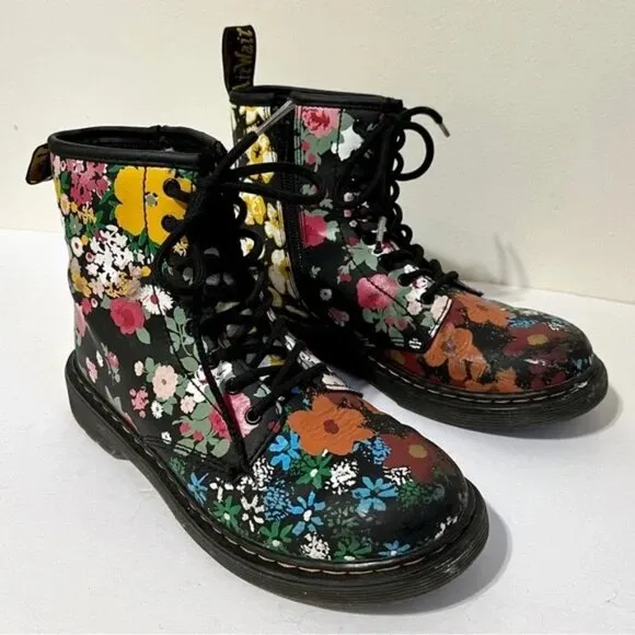Dr. Martens Junior 1460 Floral Mash Up Leather Lace Up Zip Boots US Kids 4 EU 36