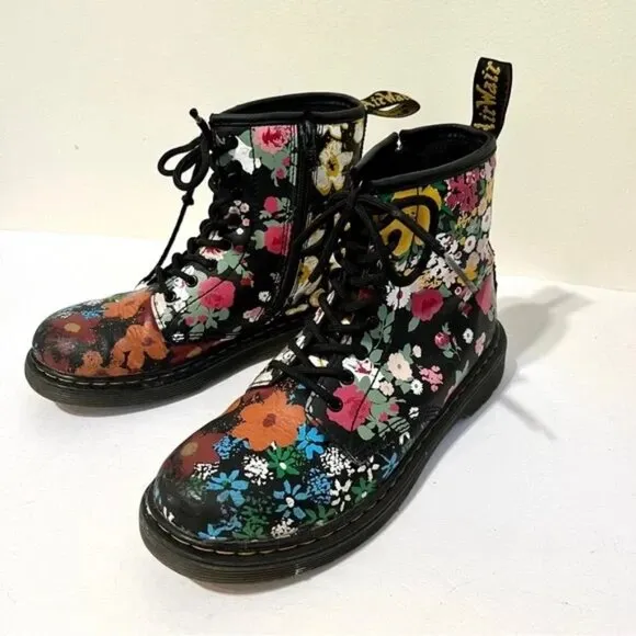 Dr. Martens Junior 1460 Floral Mash Up Leather Lace Up Zip Boots US Kids 4 EU 36