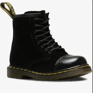 DR. MARTENS Pooch Black Velvet Patent Leather Zip-Up Boots Sz 1 kids