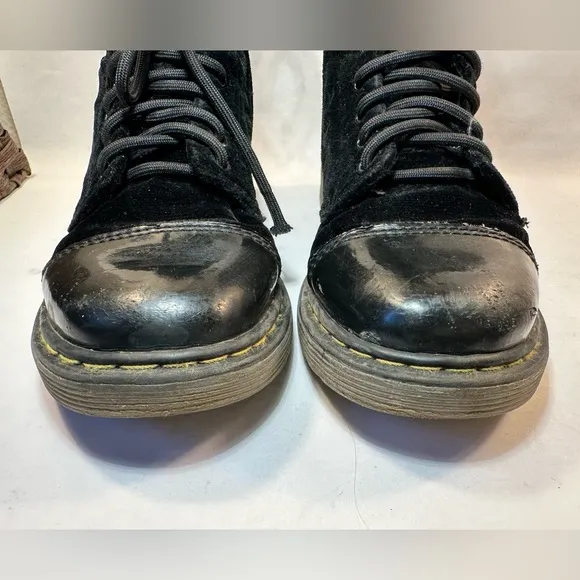 DR. MARTENS Pooch Black Velvet Patent Leather Zip-Up Boots Sz 1 kids