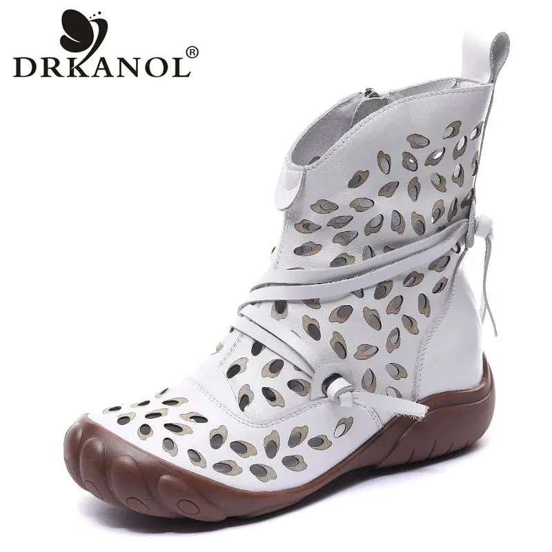 DRKANOL Handmade Women Boots Summer Shoes Genuine Cow Leather Breathable Hollow Retro Flat Side Zipper Gladiator Boots Women