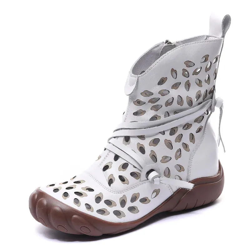 DRKANOL Handmade Women Boots Summer Shoes Genuine Cow Leather Breathable Hollow Retro Flat Side Zipper Gladiator Boots Women