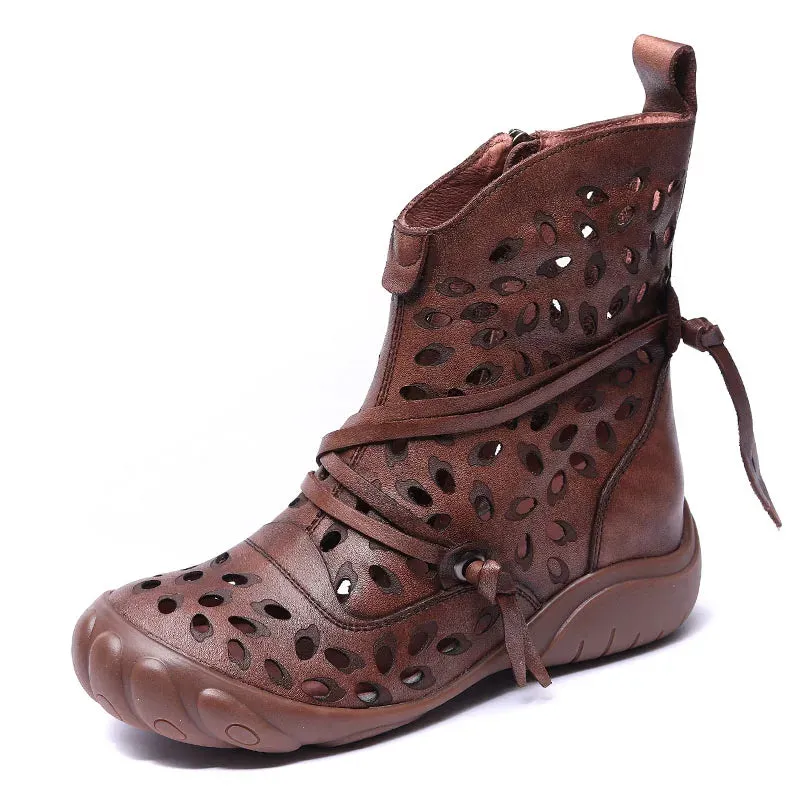 DRKANOL Handmade Women Boots Summer Shoes Genuine Cow Leather Breathable Hollow Retro Flat Side Zipper Gladiator Boots Women