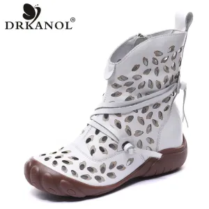 DRKANOL Handmade Women Boots Summer Shoes Genuine Cow Leather Breathable Hollow Retro Flat Side Zipper Gladiator Boots Women
