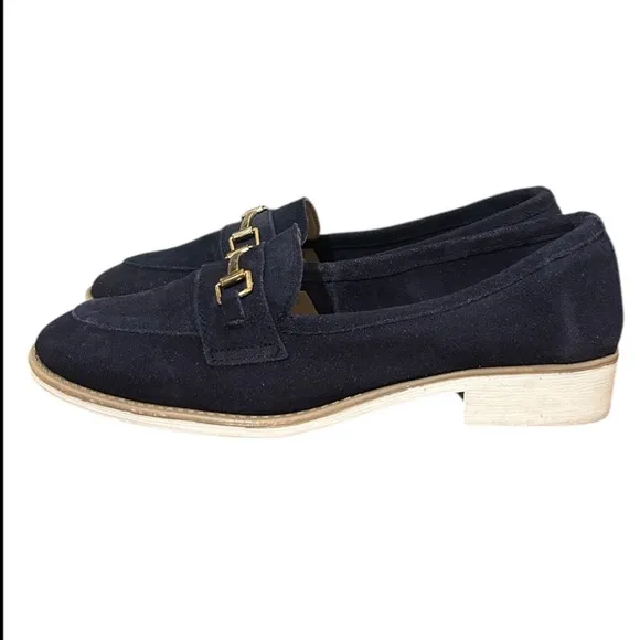 Enzo Tesoti Leather Suede Low Heel Loafer Sz 85 US (39 EU) Navy w/ Gold Accent