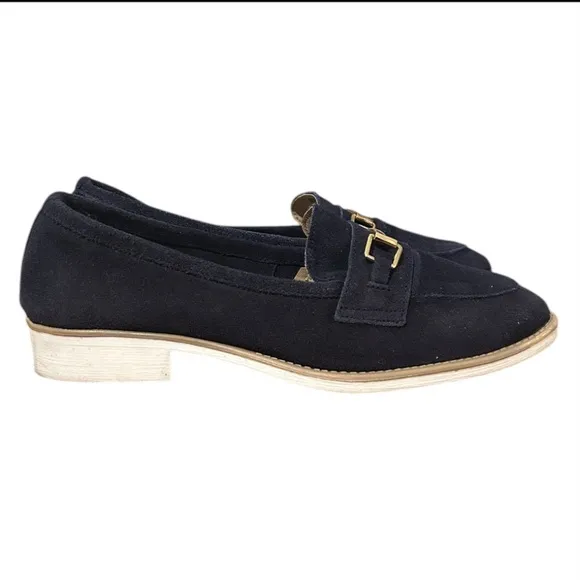Enzo Tesoti Leather Suede Low Heel Loafer Sz 85 US (39 EU) Navy w/ Gold Accent