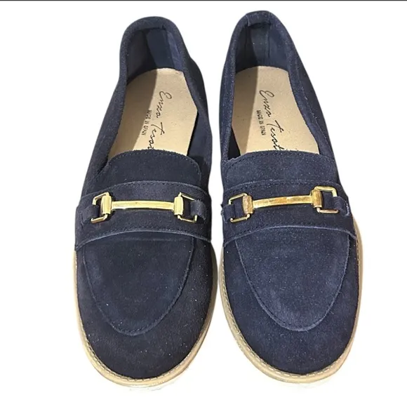 Enzo Tesoti Leather Suede Low Heel Loafer Sz 85 US (39 EU) Navy w/ Gold Accent