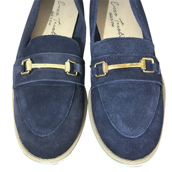 Enzo Tesoti Leather Suede Low Heel Loafer Sz 85 US (39 EU) Navy w/ Gold Accent